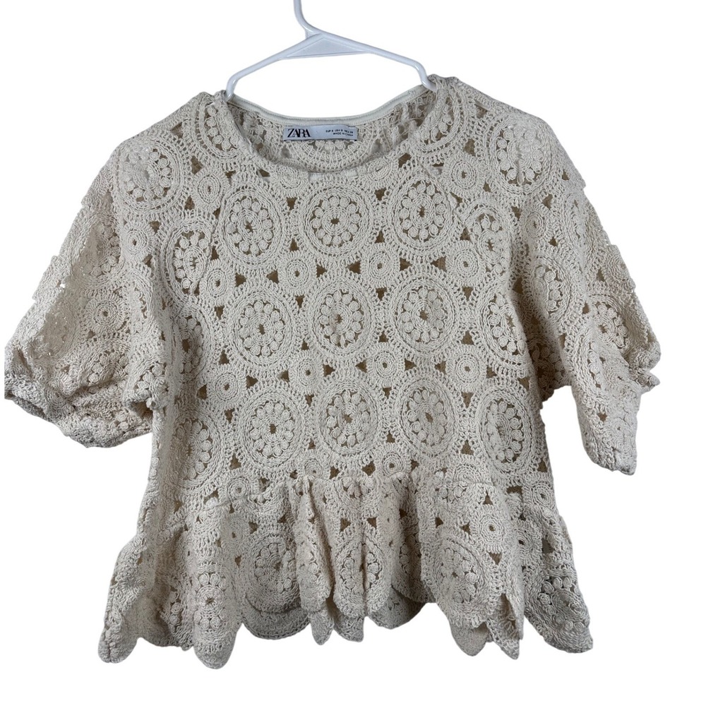 ZARA Crochet Small Round Medallion Peplum Top Short Sleeve Cream Beige White - Picture 2 of 8